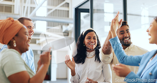 Image of High five, business team and diversity of staff with collaboration, team building and meeting. Success, support and happy teamwork in a office workshop with motivation and happiness celebration