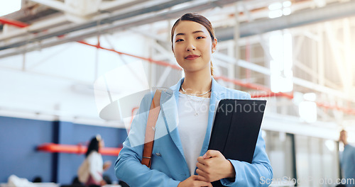 Image of Business woman, face and corporate architect with architecture plan, building industry and workplace. Professional portrait, success in career with Asian worker at office in Tokyo, smile with pride.