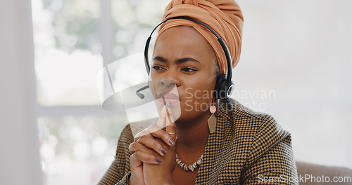 Image of Customer service, call center and confused black woman in office. Telemarketing, contact us or female sales agent, consultant or employee thinking of solution to problem while consulting in workplace