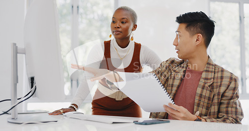 Image of Leadership, black woman or manager mentoring an employee on SEO digital marketing strategy or feedback. Computer, report paperwork or advertising expert coaching, helping or training Japanese worker