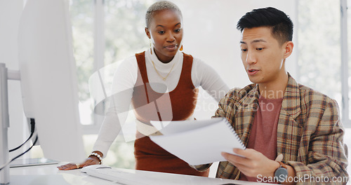 Image of Leadership, black woman or manager mentoring an employee on SEO digital marketing strategy or feedback. Computer, report paperwork or advertising expert coaching, helping or training Japanese worker