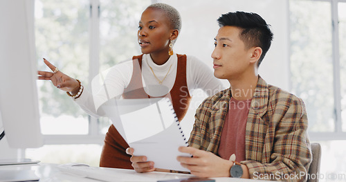 Image of Leadership, black woman or manager mentoring an employee on SEO digital marketing strategy or feedback. Computer, report paperwork or advertising expert coaching, helping or training Japanese worker