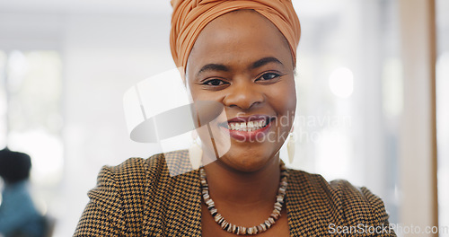 Image of Happy, smile and face of a professional black woman with a positive mindset in a corporate office. Management, leader and portrait of a African female business manager standing in her workplace.