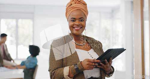 Image of Business woman face, tablet or office boardroom for digital marketing management, teamwork meeting schedule or kpi data analysis. Portrait, smile or happy creative designer on advertising technology