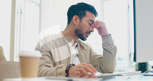 Image of Computer, headache and face of businessman stress over bad investment, stock market crash or financial economy crisis. Burnout, migraine and crypto trader with forex, bitcoin or NFT trading mistake