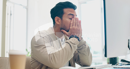 Image of Computer, headache and face of businessman stress over bad investment, stock market crash or financial economy crisis. Burnout, migraine and crypto trader with forex, bitcoin or NFT trading mistake