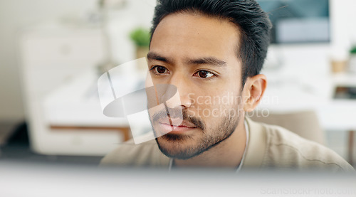 Image of Asian man, face thinking and idea with computer, planning and brainstorming for success in programming. Tech startup worker, executive focus and solution with innovation by desktop pc in workplace