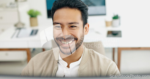 Image of Happy businessman, success or fist on computer with wow or yes face expression in creative startup deal, goals or target. Smile, excited or winner worker with hands gesture on office technology sale