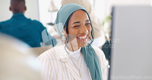 Image of Video call, computer and laughing Islamic woman talking, speaking and chat to online business contact. Communication, funny conversation and Muslim employee discussion, networking and laugh at joke