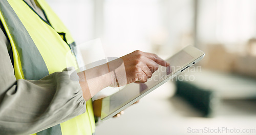 Image of Tablet, construction and safety for work in closeup for architecture, building or property. Woman, technology and architect working on app, web or internet for research, contractor or real estate