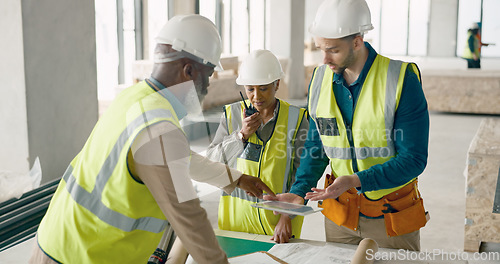 Image of Teamwork on construction building, people in conversation.with digital innovation and engineering woman on tablet. Architecture contractor planning on blueprint, industrial project and group on site