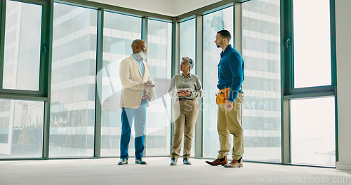 Image of Teamwork, conversation and talking about building, conversation and speaking about collaboration design..Architect, construction and handyman speaking to managers, about engineer and project layout.