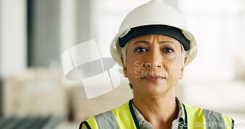 Image of Logistics, construction and architect working on renovation, building development and home maintenance. Face portrait of a mature worker with smile in management of an architecture home project