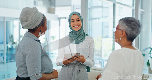 Image of Business meeting, team and muslim woman with tablet for marketing ideas, b2b networking and communication for diversity, inclusion and equality. Happy employees and manager smile for digital strategy