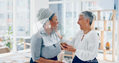 Image of Business, women and friends with smartphone for social media, connectivity and office. Employee, manager and phone for communication, laughing and connection in workplace, advertising and marketing.