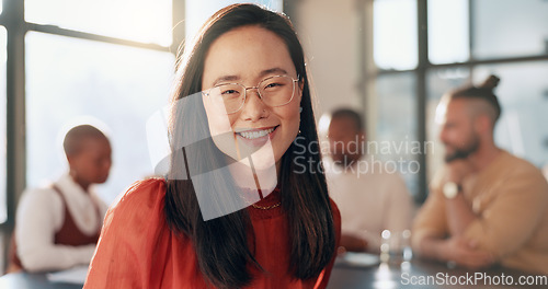 Image of Face, team work or Japanese woman in a meeting planning a advertising strategy for sales growth for a startup. Portrait, happy or employee with pride, marketing experience or our vision for success