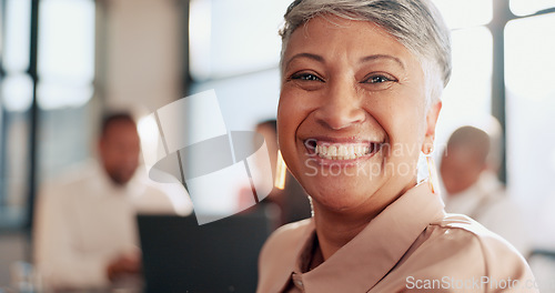 Image of Face, senior and business woman in meeting with team for collaboration, planning and sharing idea, goal and strategy in office. Portrait, business people and mature leader in a group business meeting