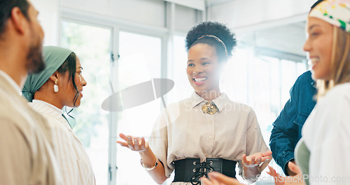 Image of Business women, teamwork or diversity meeting on paper or documents review in coaching or training feedback. Smile, happy or talking speaker in leadership workshop, collaboration or strategy planning