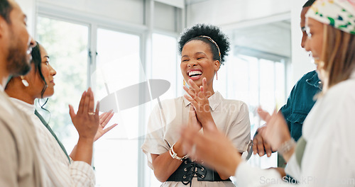 Image of Business people, diversity and clapping in high five, teamwork or collaboration in company growth, target or global goals. Smile, happy or office applause, winner celebration or success hands gesture