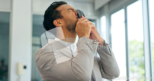 Image of Success, phone and winner with businessman in office and celebration for deal, growth and stock market target. Wow, goals and good news with fist of employee for achievement, future and sale