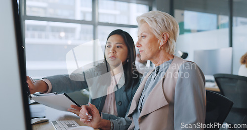 Image of Business, women and conversation in office, marketing planning and advertising campaign. Females, ceo and employees for sales growth, manager explain system and communication for process and speaking