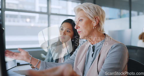 Image of Business, women and conversation in office, marketing planning and advertising campaign. Females, ceo and employees for sales growth, manager explain system and communication for process and speaking