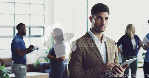 Image of Tablet, portrait or serious businessman for invest schedule, calendar or stock market trading management. Finance worker or employee face on tech for networking budget planning or crypto software app