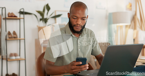 Image of Strategy, laptop and business people meeting in office talking, in conversation and brainstorming ideas. Teamwork, businessman and woman in workplace working on marketing project in startup company