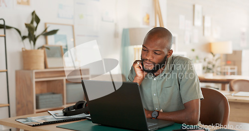 Image of Email, phone and businessman working, planning and in communication with people on the internet at work. African manager, worker or employee typing on a laptop and reading on a mobile in an office