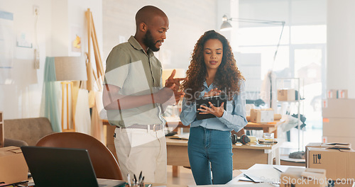 Image of Teamwork, business people or working on tablet planning, collaboration or marketing SEO analytics in office. Tech, employees or manager consulting employee on research, web design or data analysis