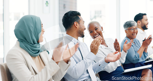 Image of Diversity, business people and applause presentation, employee support and happiness in office. Interracial teamwork, clapping hands and audience smile for workshop achievement or goals celebration