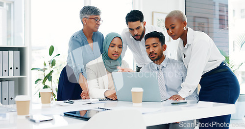 Image of Data analysis, diversity or business people in meeting for advertising strategy, web SEO growth or research. Teamwork, happy or manager on tech planning, social media or networking in office building