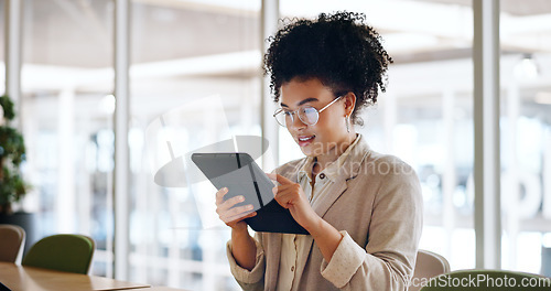 Image of Tablet, black woman and business marketing, social media update or networking with smile. Website, company blog or online communication, office worker with glasses smile for digital strategy success