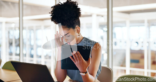 Image of Headache, tablet and business woman with burnout, anxiety and stress about work. Black woman, tired and fatigue of a office employee with mental health problem from online report and digital audit