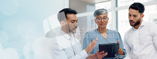 Image of Tablet, collaboration or business people for teamwork in office building for marketing strategy, web SEO growth or research. Meeting, happy or manager on tech planning, social media or network blog