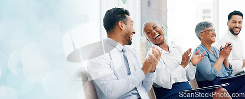 Image of Diversity, business people and applause presentation, employee support and happiness in office. Interracial teamwork, clapping hands and audience smile for workshop achievement or goals celebration