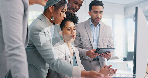 Image of Computer, team work or woman with help from business people and working on a digital marketing SEO strategy. Collaboration, question or senior manager in a meeting with employees at a digital agency
