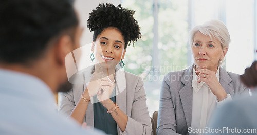 Image of Business people, teamwork and discussion in meeting in office boardroom. Company, planning and group collaboration of employees brainstorming sales, advertising or marketing strategy in workplace.