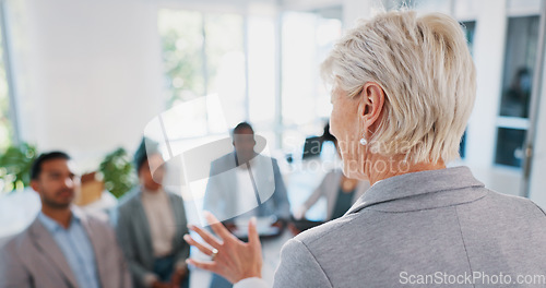 Image of Back, business and woman talking, workshop and presentation for partnership, corporate deal and office. Female, ceo and leader speaking, proposal and management for marketing, leadership and team.