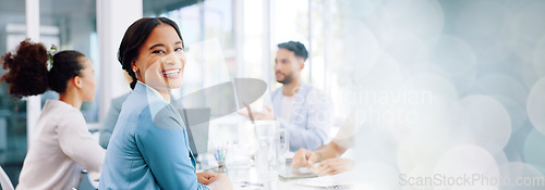 Image of Happy business woman, portrait or internship in office meeting, boardroom training or diversity teamwork collaboration. Smile, corporate or opportunity in global finance company or strategy planning