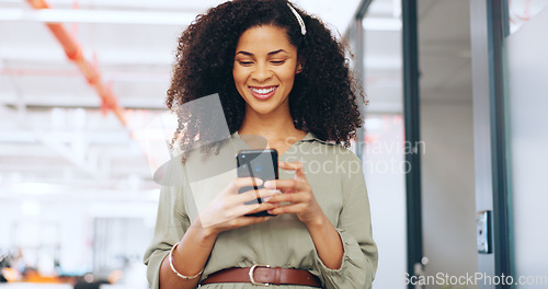 Image of Business phone, office and black woman in smile for networking, online negotiation or email communication feedback on sales. Happy corporate employee using phone or smartphone mobile app in workspace