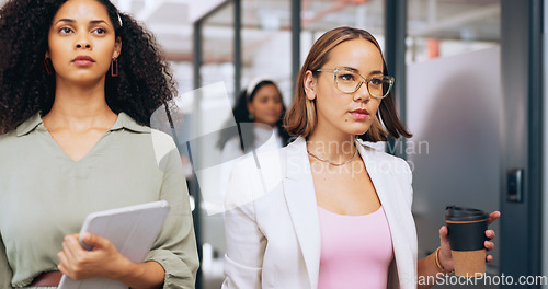 Image of Ready, confident and business women walking to a meeting with vision, leadership and executive empowerment. Support, power and employees in unity on a walk in an office in the morning with confidence