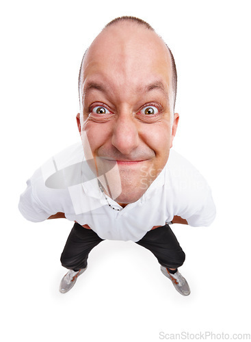 Image of Portrait, face and crazy with a man model in studio isolated on a white background for expression. Angry, annoyed and frustrated with a closeup male on blank space feeling stress or anxiety