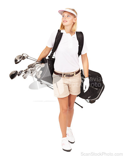 Image of Golf, sports and walking with a woman in studio isolated on a white background for her golfing hobby. Sport, golf club and a female golfer carrying her bag to a course while in sportswear or uniform