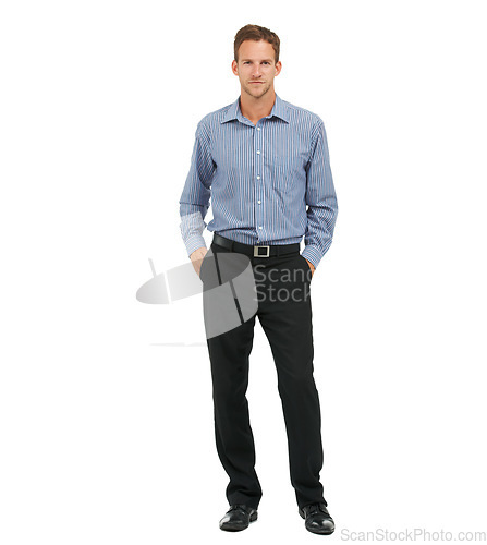 Image of Portrait, business and man hands in pants, smile and confident manager isolated on white studio background. Ceo, employee or male entrepreneur with corporate career, marketing leader and professional