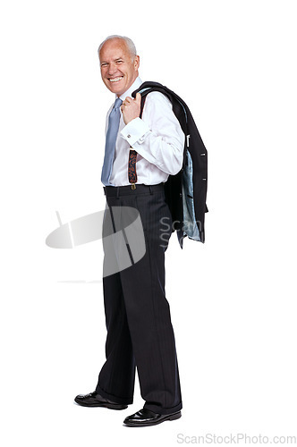 Image of Portrait, business and mockup with a senior man in studio isolated on a white background for advertising. Marketing, mock up and space with a mature male employee holding his jacket on blank space