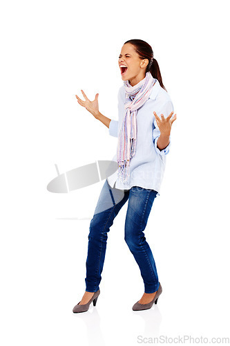 Image of Angry, model and scream of a woman with stress frustrated about work isolated. White background, career and business employee screaming and standing with anger gesture about working and studio mockup