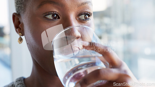 Image of Happy girl drinking water while relax in restaurant, cafe or shop and enjoy calm summer day peace alone for wellness. Stress relief, smile and face of black woman looking out store glass window