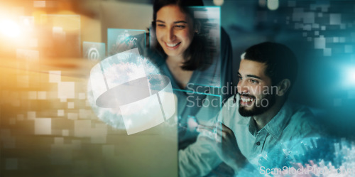 Image of Futuristic, man and woman with hologram, overlay and communication with information technology, connection and conversation. Future, holographic and employees brainstorming, innovation and teamwork