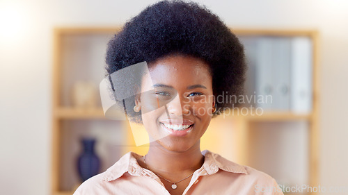 Image of Portrait of afro fashion entrepreneur with funky, cool and trendy hairstyle showing friendly facial expression. Closeup headshot and face of ambitious, confident and proud designer standing in studio